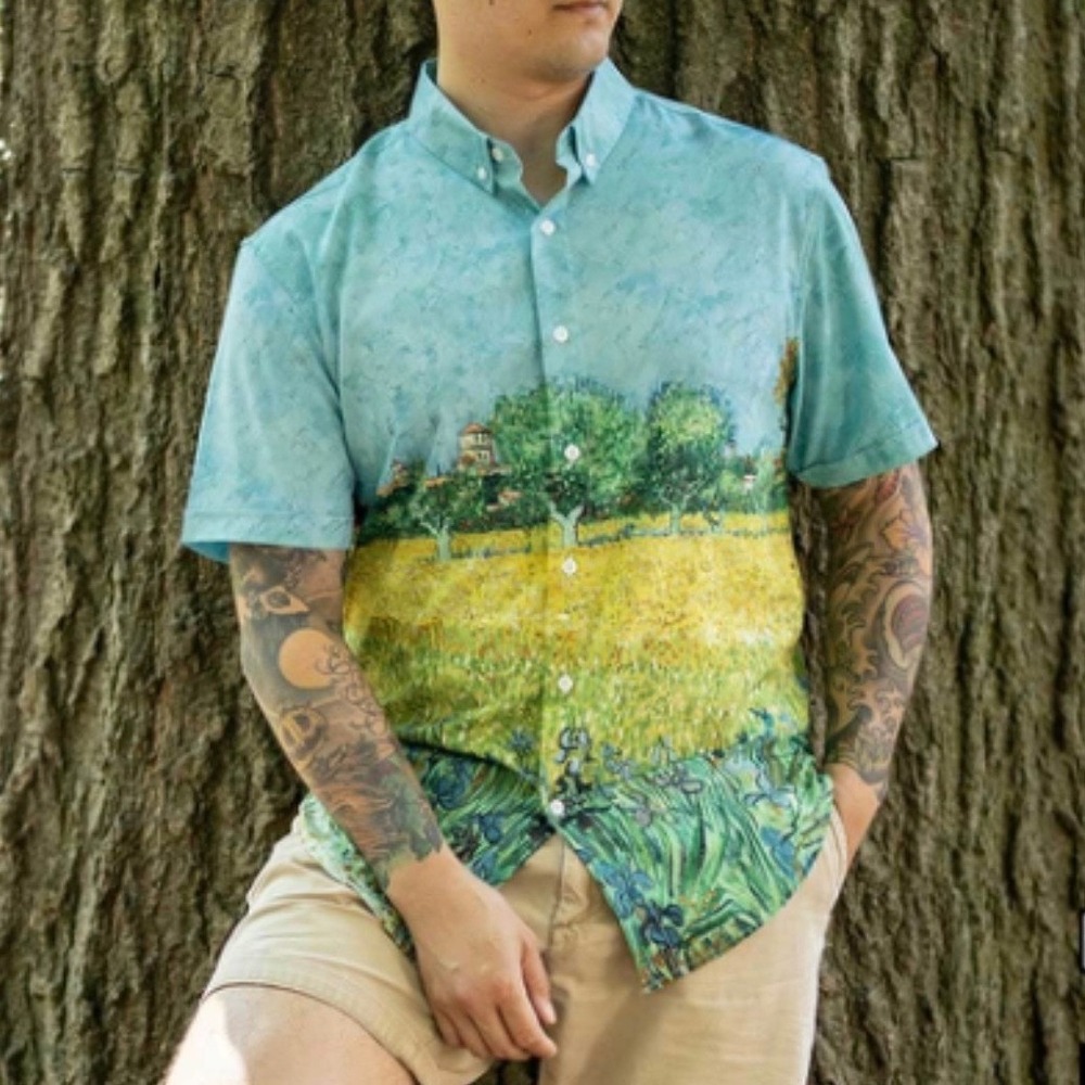 RSVLTS Van Gogh Museum Series Field With Irises near Arles Button-Up Shirt,Large - Picture 1 of 6